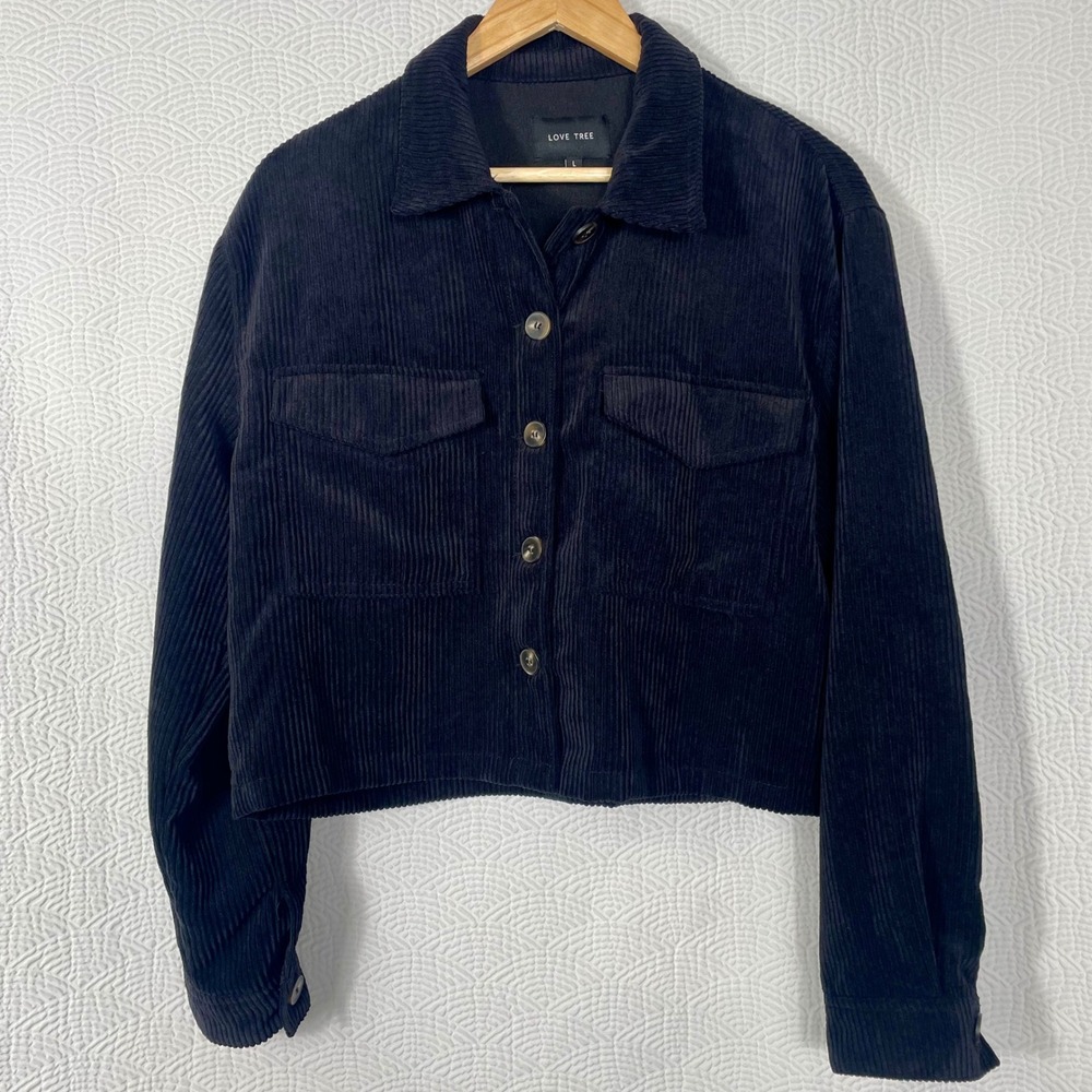 Love Tree Black Corduroy Cropped Jacket Button Front Chest Pockets S/80124JH L